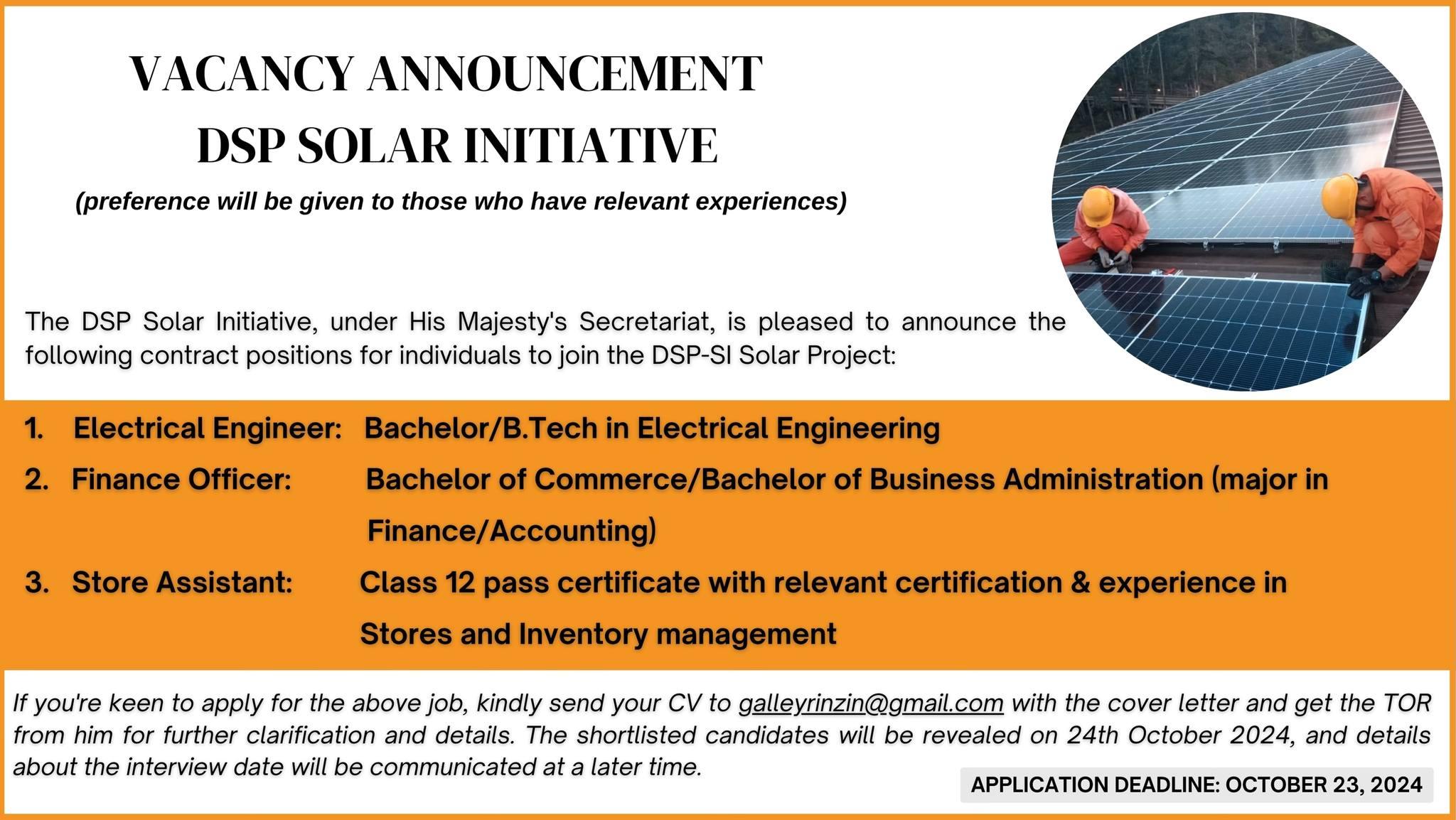 Vacancy Announcement  - DSP Solar Initiative